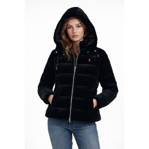 Polo Ralph Lauren Velvet Puffer Jacket Women XS Black Silk Blend Hood Luxury Ski